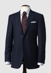 Mahogany Collection Navy Stripe Suit, $1795, available at hickeyfreeman.com